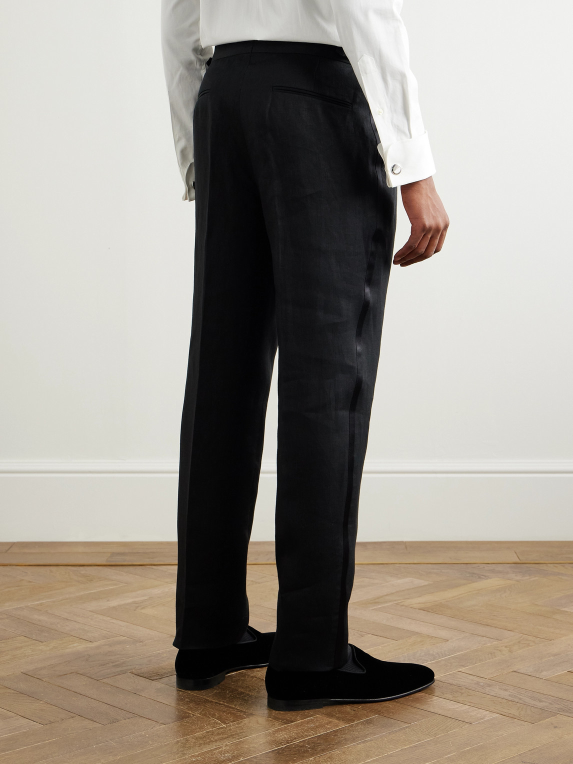 Brunello Cucinelli Tapered Pleated Cotton And Silk-blend Satin-trimmed Linen Tuxedo Trousers In Black