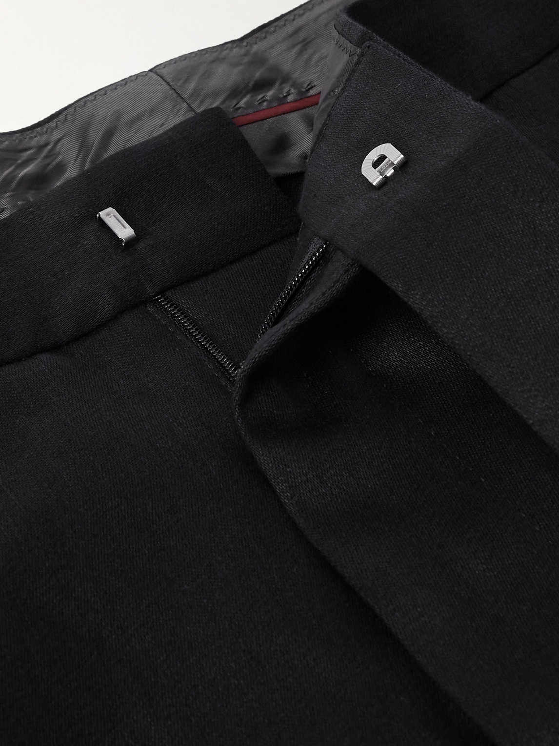 Brunello Cucinelli Tapered Pleated Cotton And Silk-blend Satin-trimmed Linen Tuxedo Trousers In Black