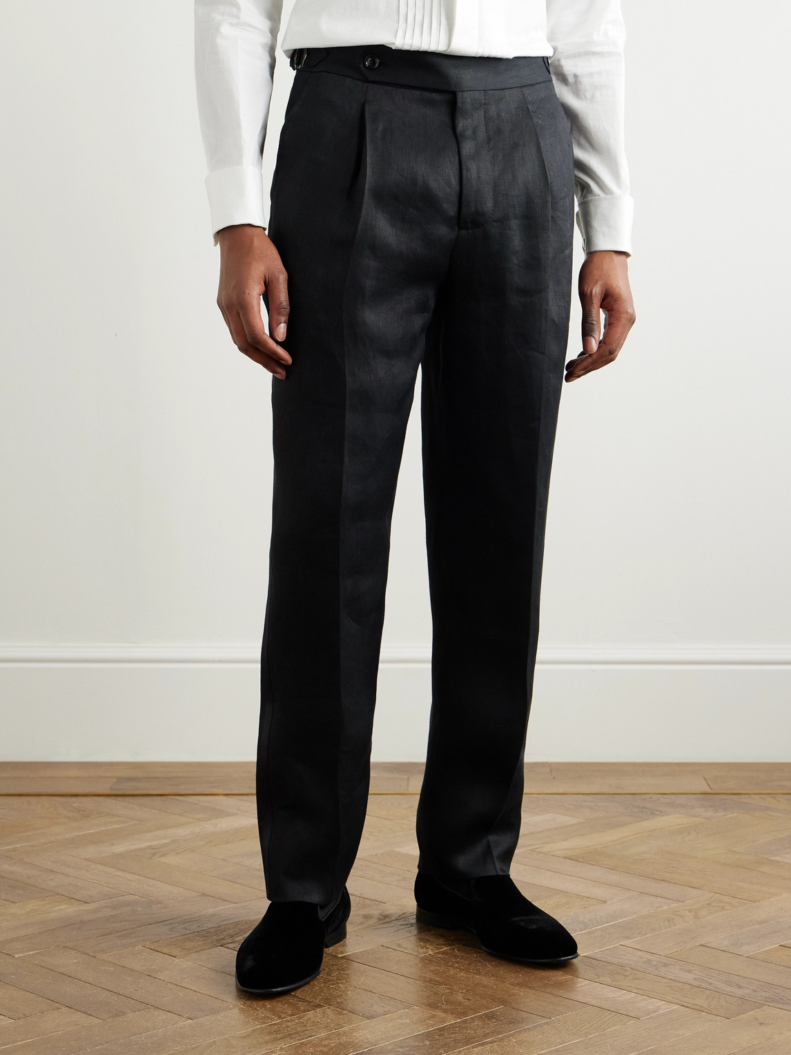 Brunello Cucinelli Tapered Pleated Cotton And Silk-blend Satin-trimmed Linen Tuxedo Trousers In Black