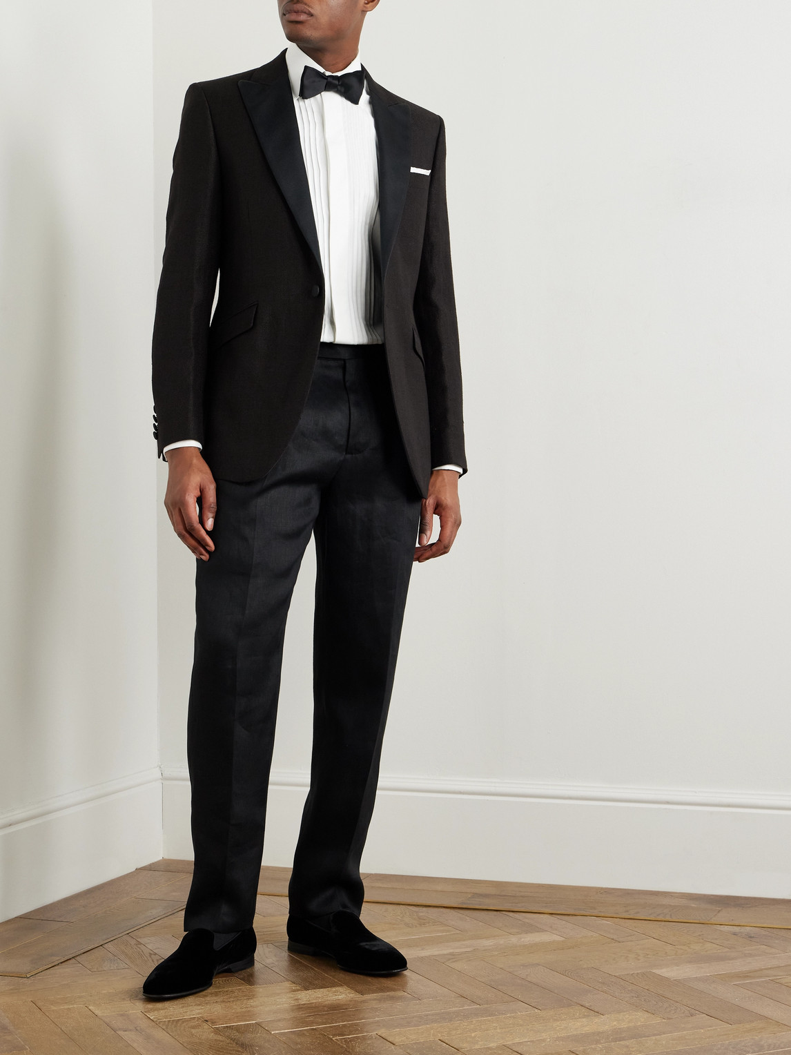 Brunello Cucinelli Tapered Pleated Cotton And Silk-blend Satin-trimmed Linen Tuxedo Trousers In Black