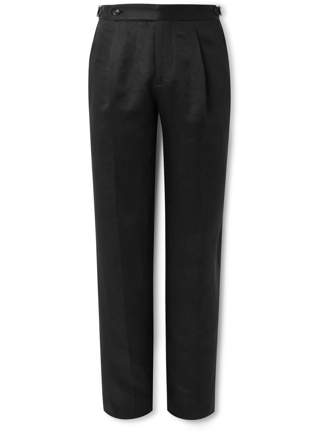 Brunello Cucinelli Tapered Pleated Cotton And Silk-blend Satin-trimmed Linen Tuxedo Trousers In Black