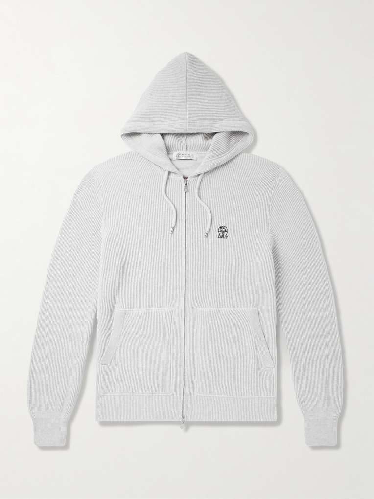 Brunello Cucinelli — Logo-Embroidered Ribbed Cotton Zip-Up Hoodie