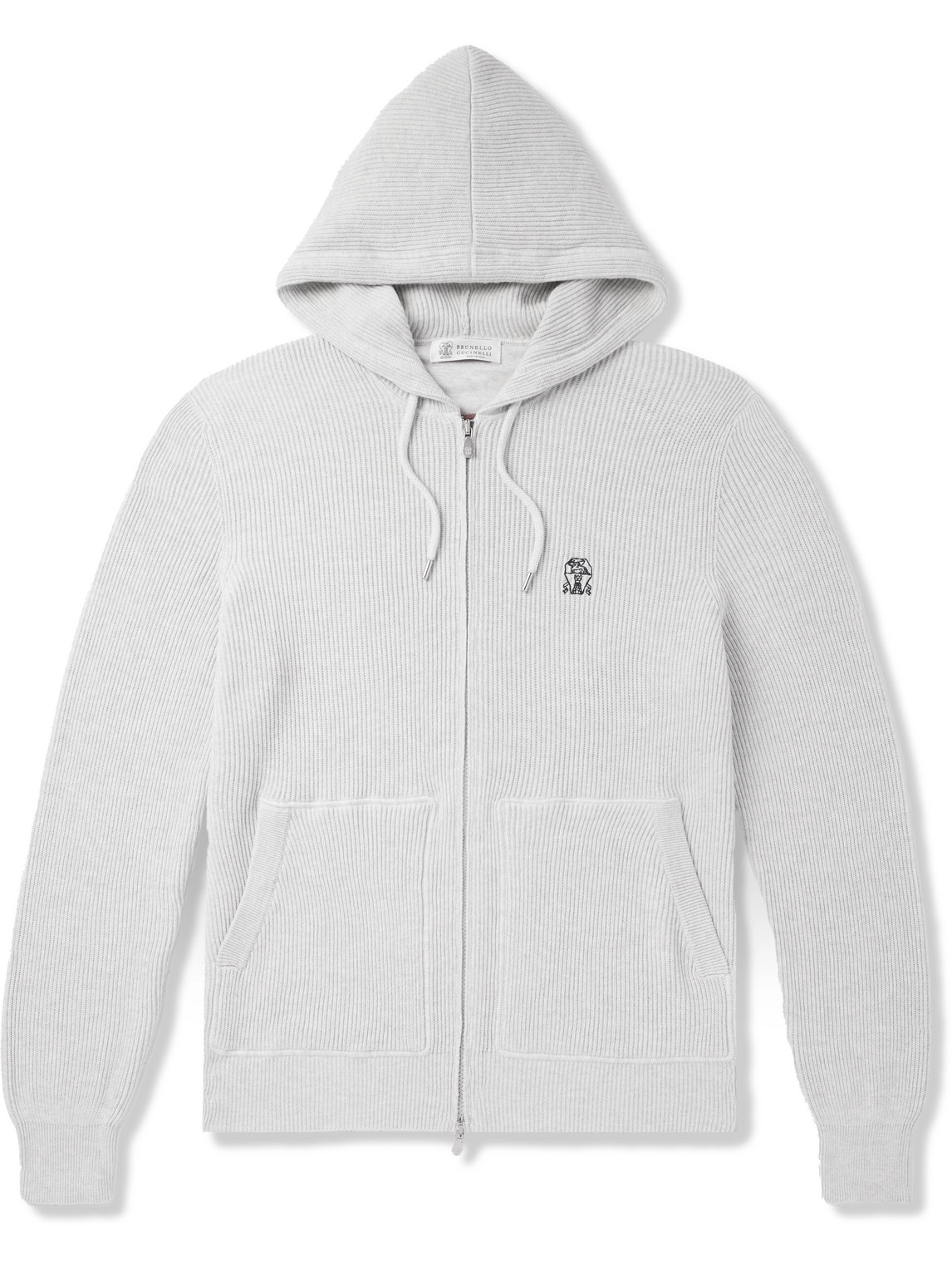 Brunello Cucinelli Logo-embroidered Ribbed Cotton Zip-up Hoodie In Gray