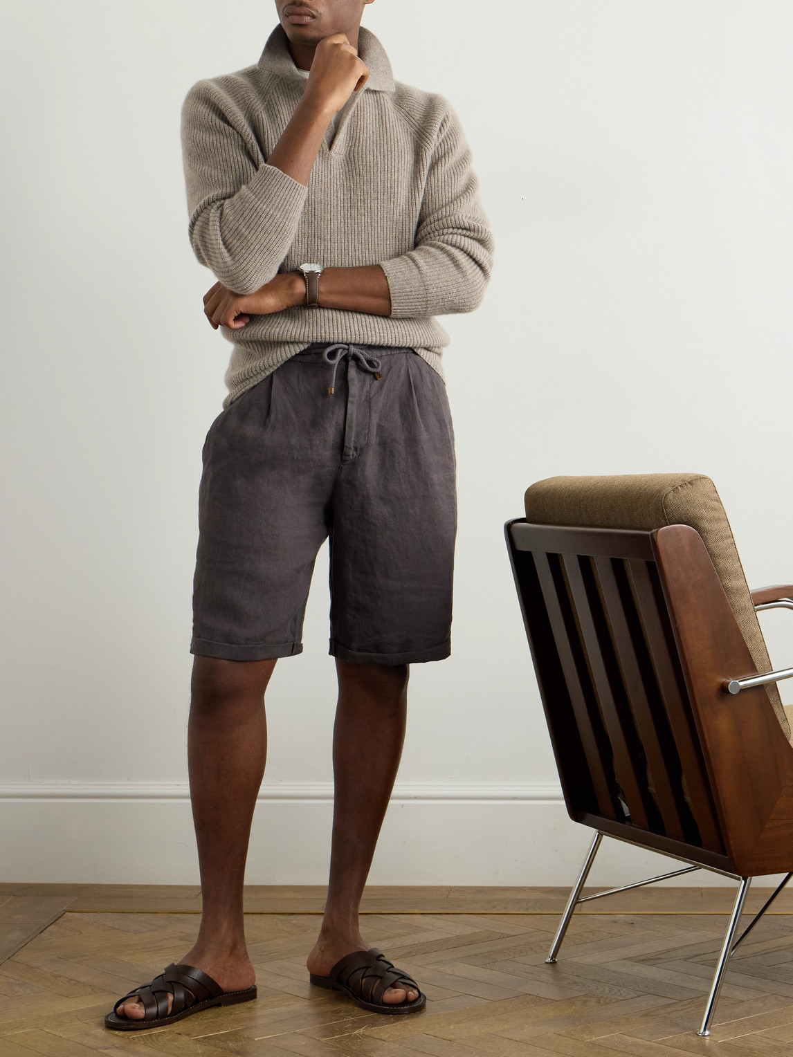 Brunello Cucinelli Straight-leg Pleated Linen-twill Drawstring Bermuda Shorts In Brown