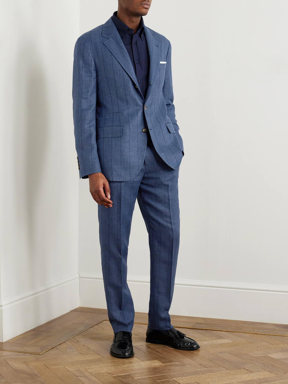 Brunello Cucinelli Wool, Linen And Silk-blend Suit Jacket In Blue