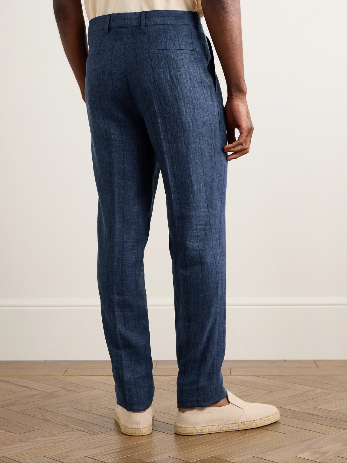 Brunello Cucinelli Slim-fit Pleated Striped Wool, Linen And Silk-blend Suit Trousers In Blue