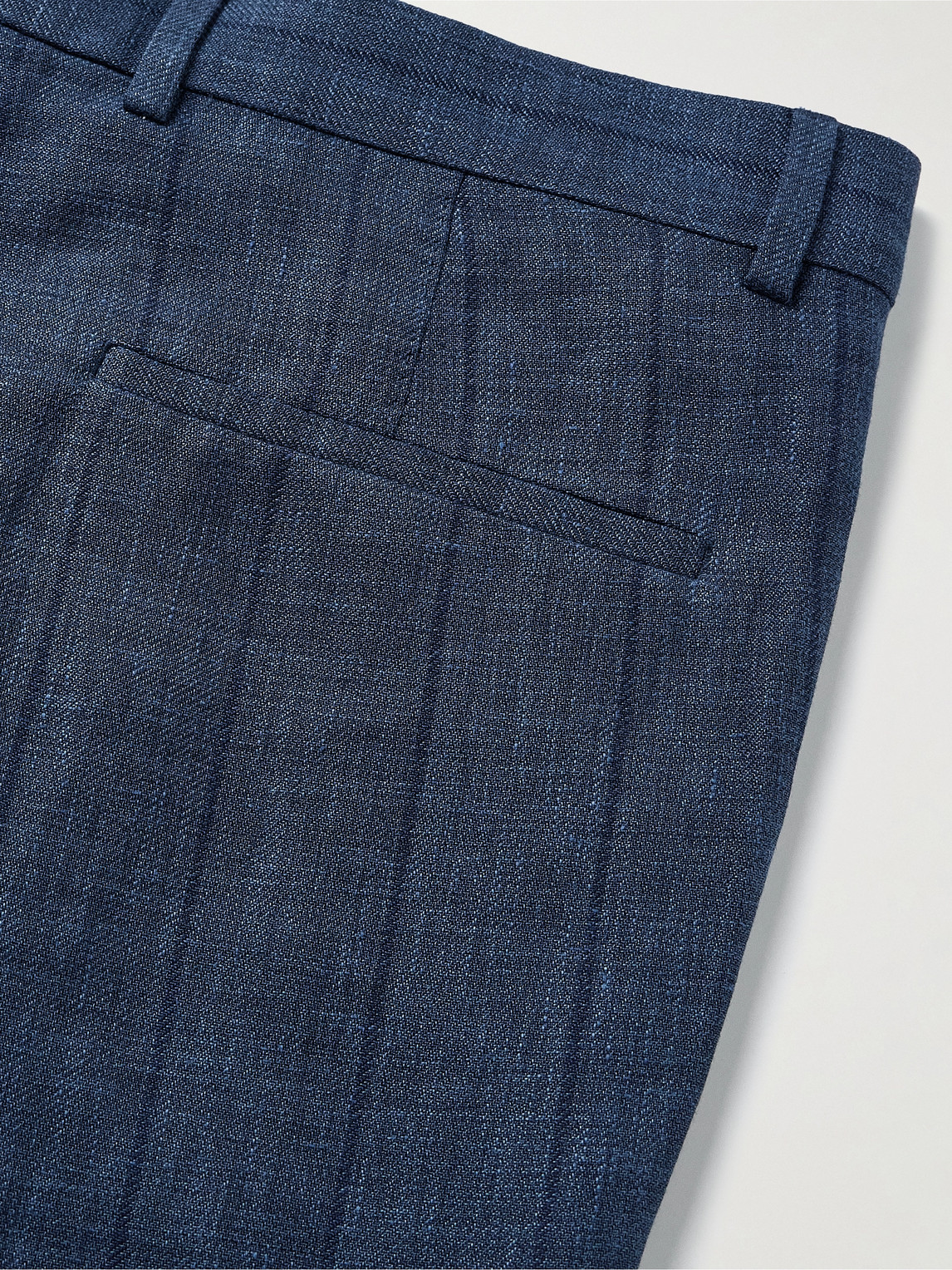 Brunello Cucinelli Slim-fit Pleated Striped Wool, Linen And Silk-blend Suit Trousers In Blue