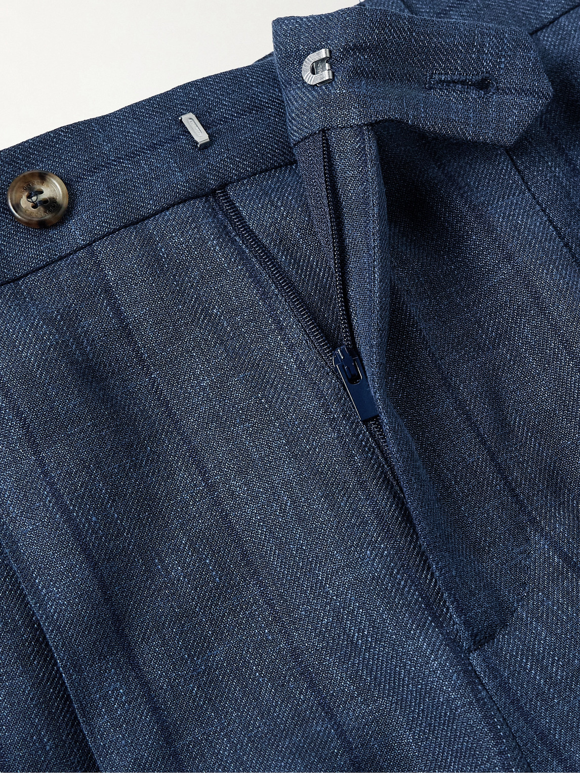 Brunello Cucinelli Slim-fit Pleated Striped Wool, Linen And Silk-blend Suit Trousers In Blue