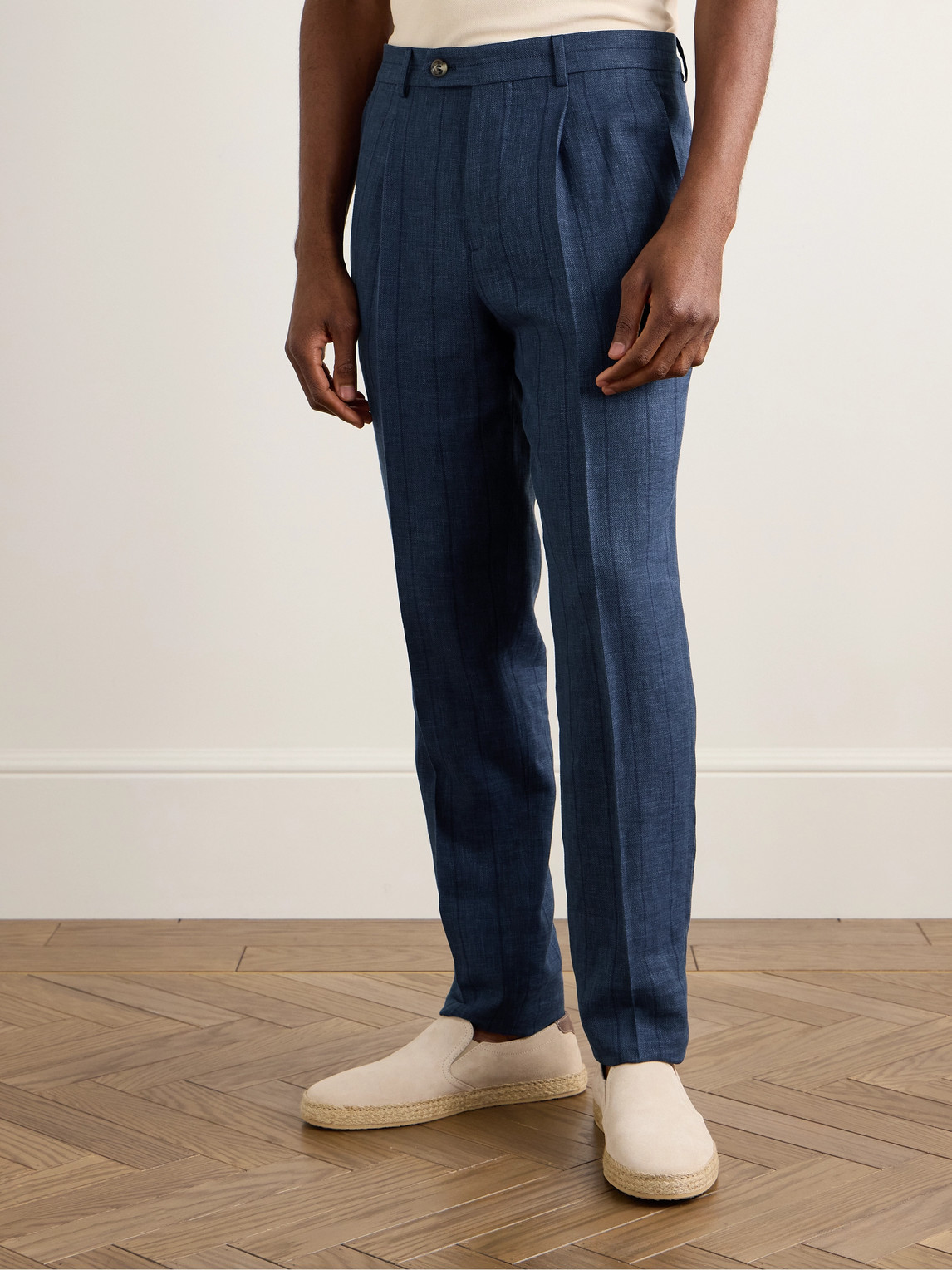 Brunello Cucinelli Slim-fit Pleated Striped Wool, Linen And Silk-blend Suit Trousers In Blue