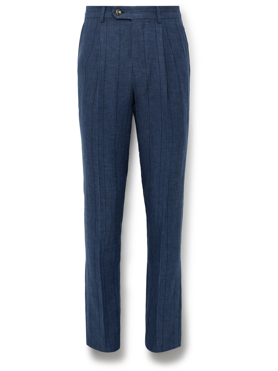 Brunello Cucinelli Slim-fit Pleated Striped Wool, Linen And Silk-blend Suit Trousers In Blue