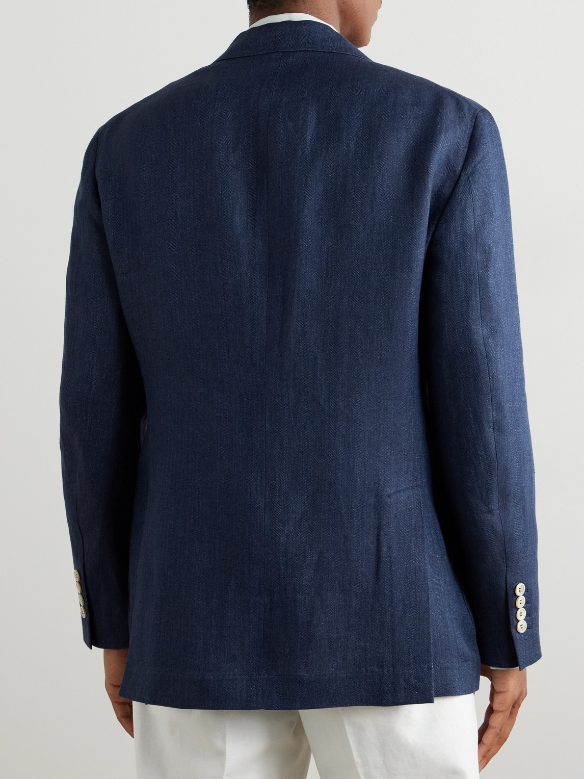 Brunello Cucinelli Double-breasted Herringbone Linen Blazer In Blue