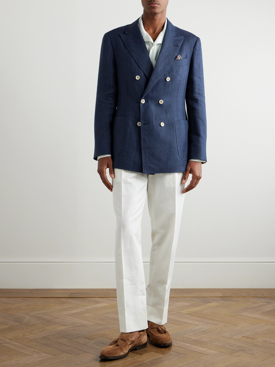 Brunello Cucinelli Double-breasted Herringbone Linen Blazer In Blue
