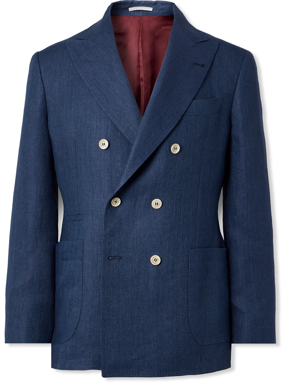 Brunello Cucinelli Double-breasted Herringbone Linen Blazer In Blue