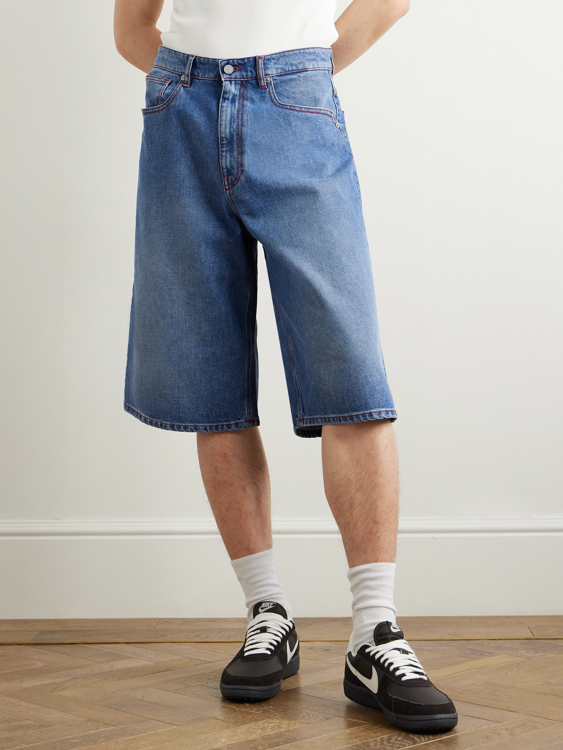 Erl Indiana Skate Wide-leg Denim Shorts In Blue