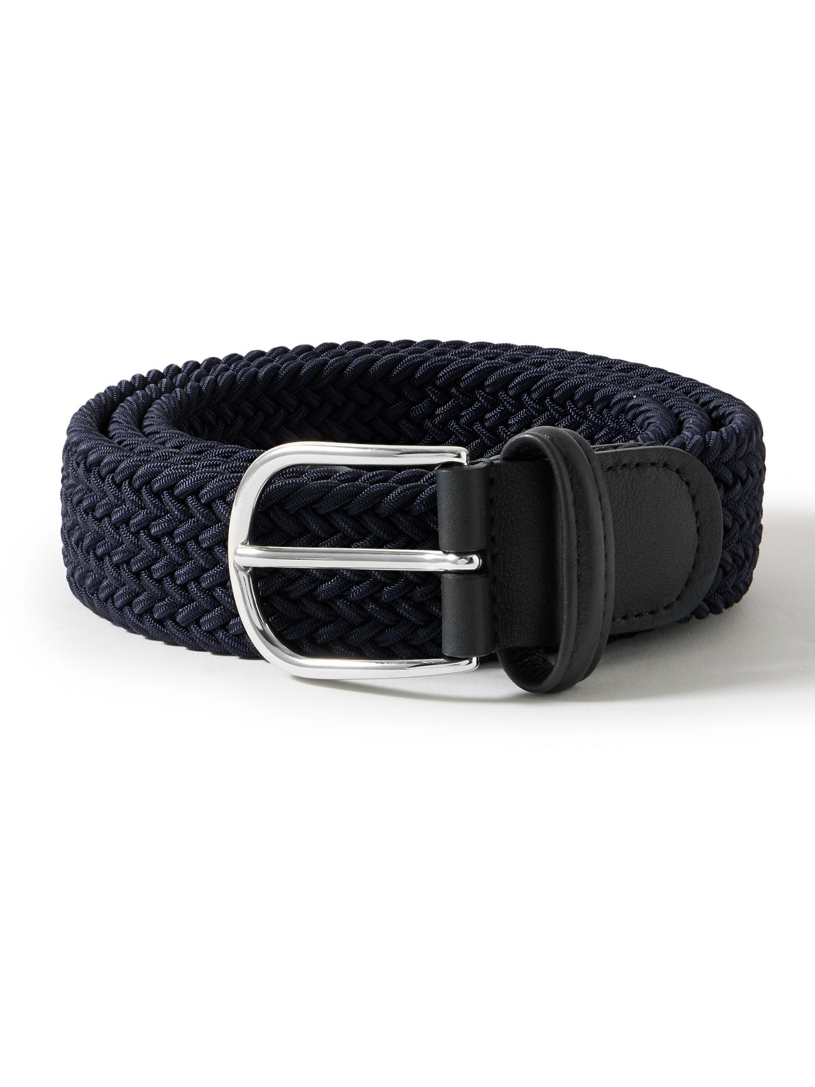 Anderson's 3.5cm Leather-trimmed Woven Elastic Belt In Blue