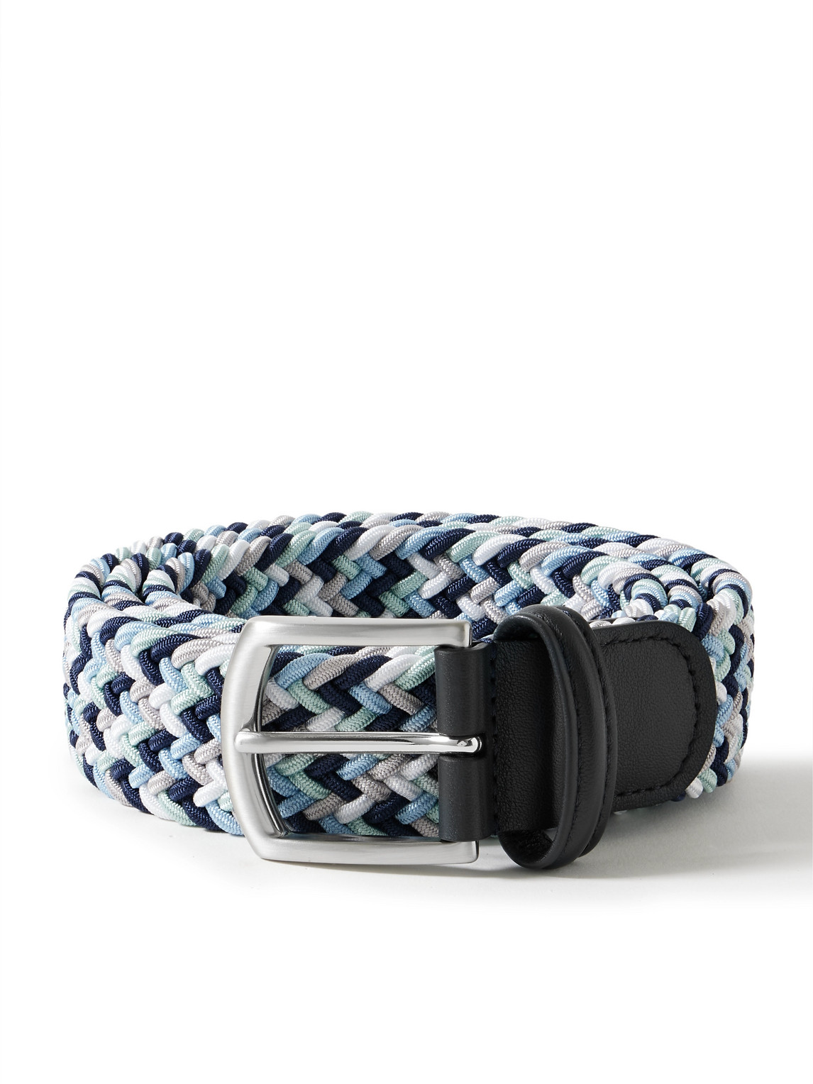 Anderson's 3.5cm Leather-trimmed Woven Elastic Belt In Blue