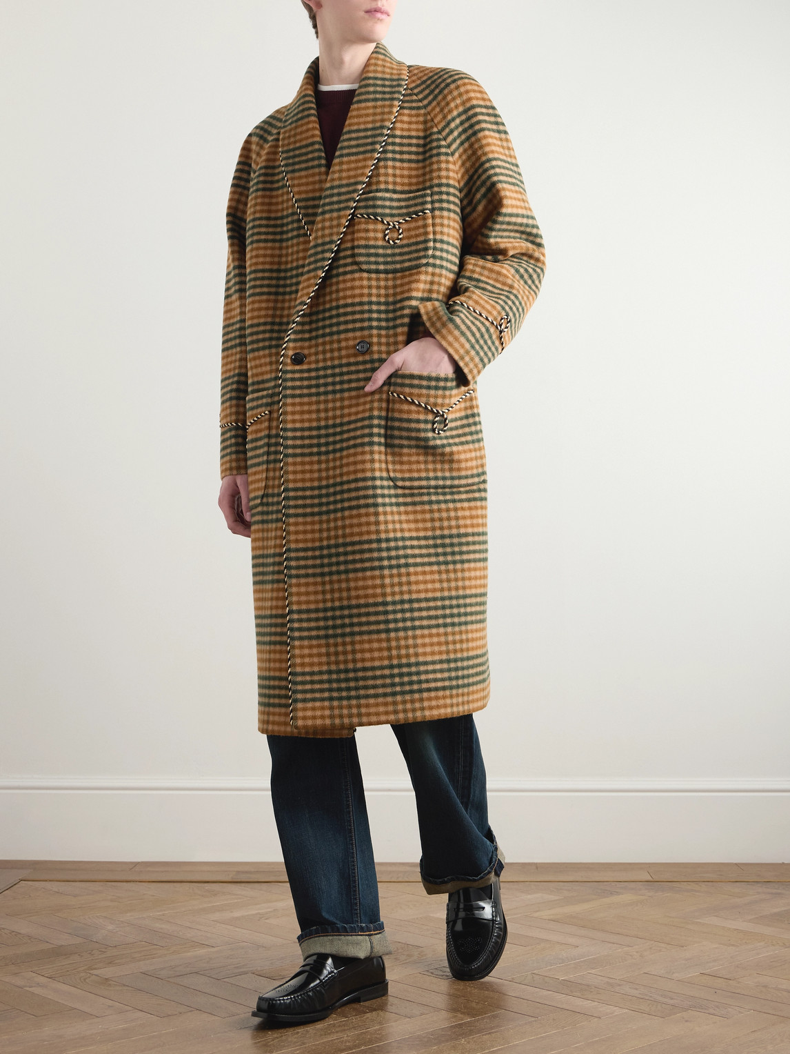 Celine Double-breasted Checked Wool Coat In Brown