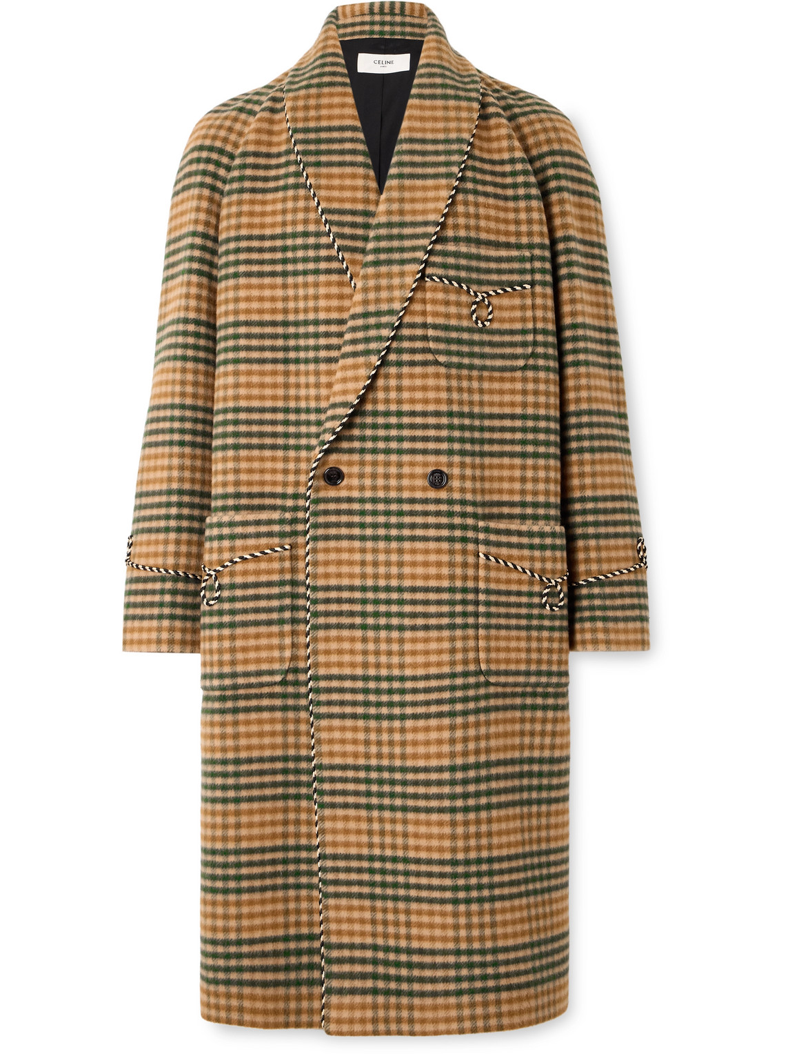 Celine Double-breasted Checked Wool Coat In Brown