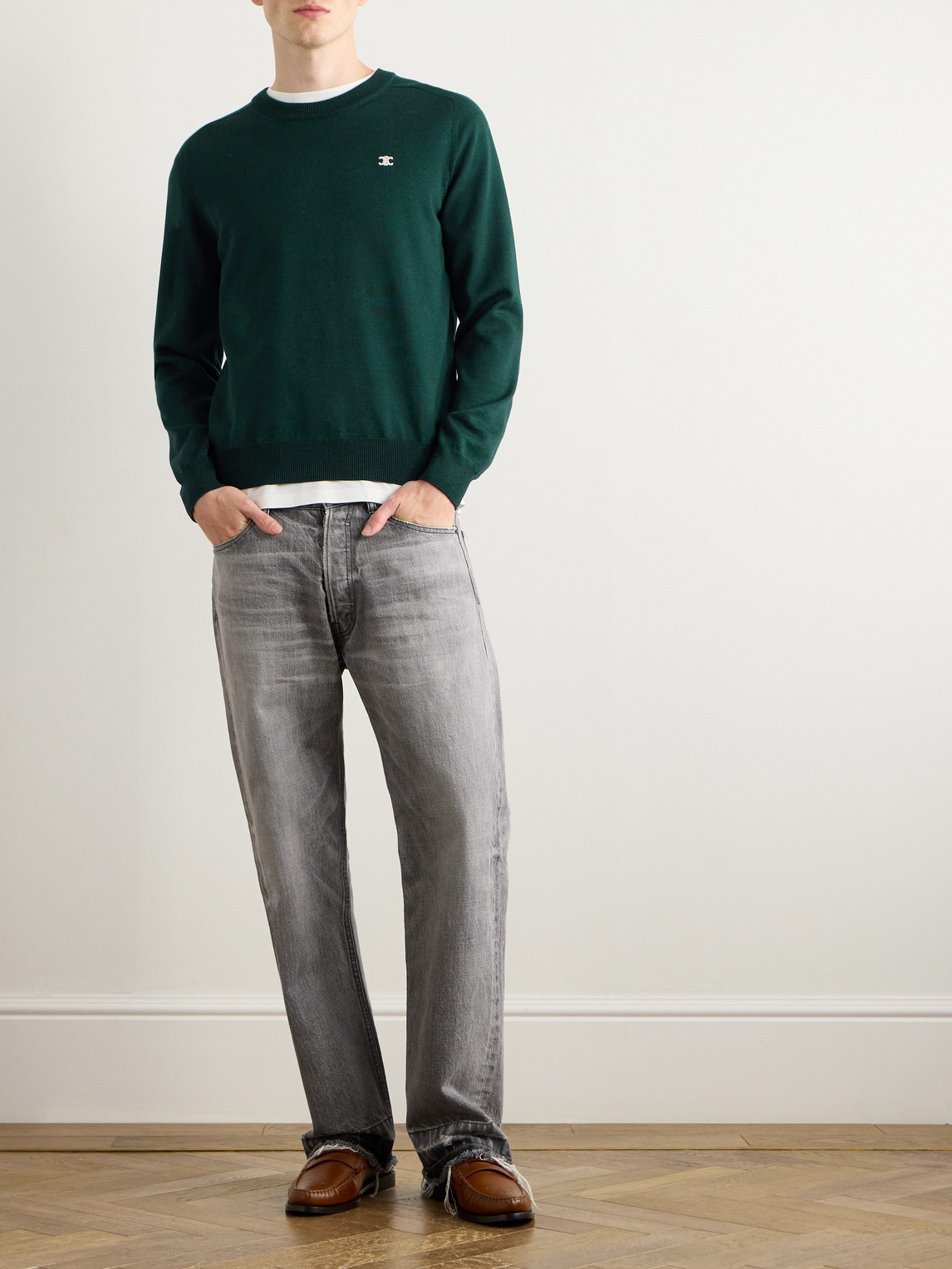 Celine Triomphe Logo-embroidered Wool Sweater In Green
