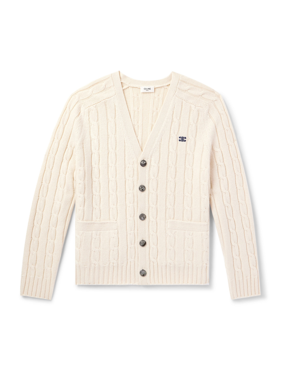 Celine Slim-fit Logo-embroidered Cable-knit Suede-trimmed Cashmere Cardigan In Neutral