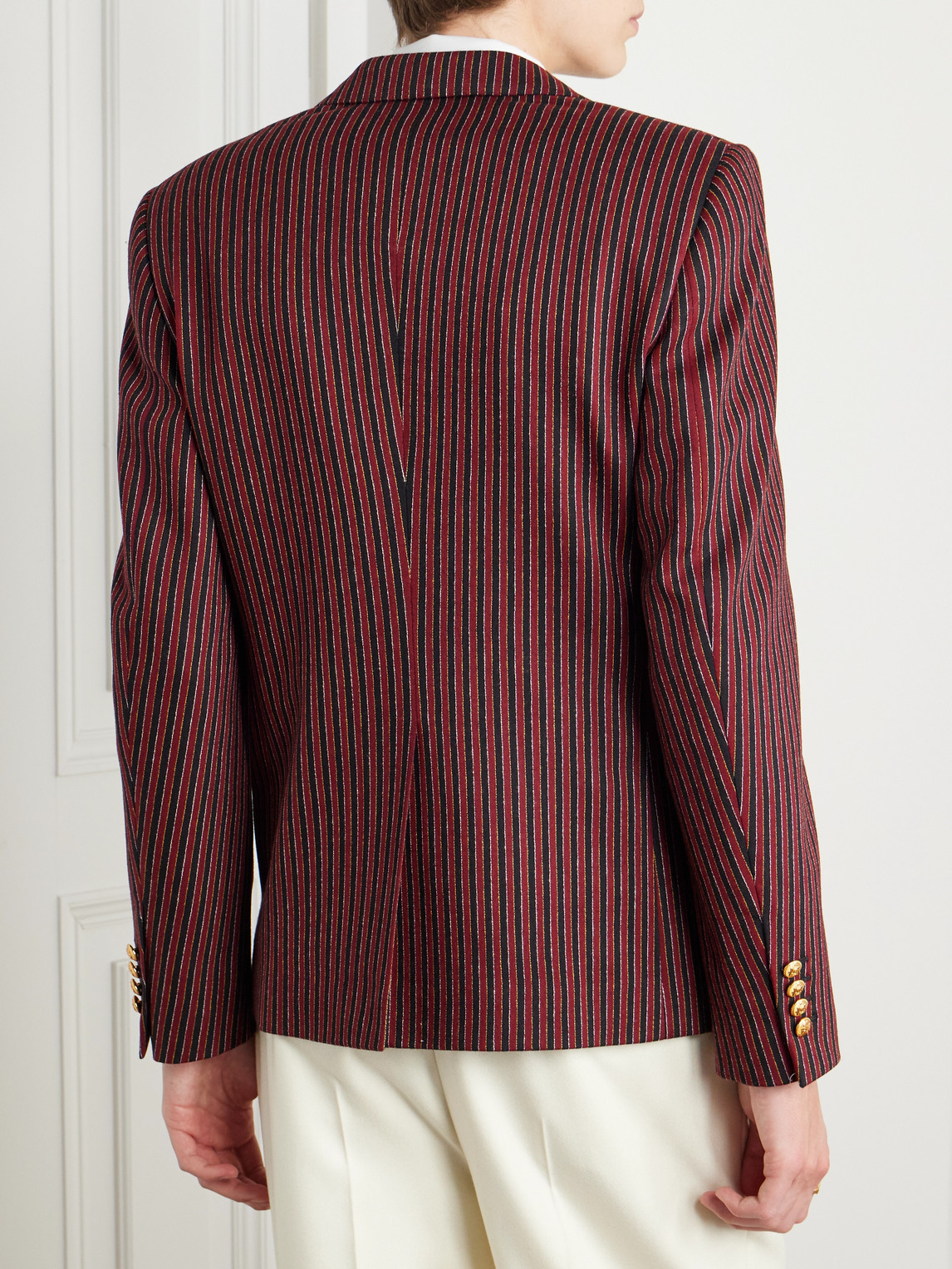 Celine Embroidered Striped Wool And Lycra-blend Blazer In Red