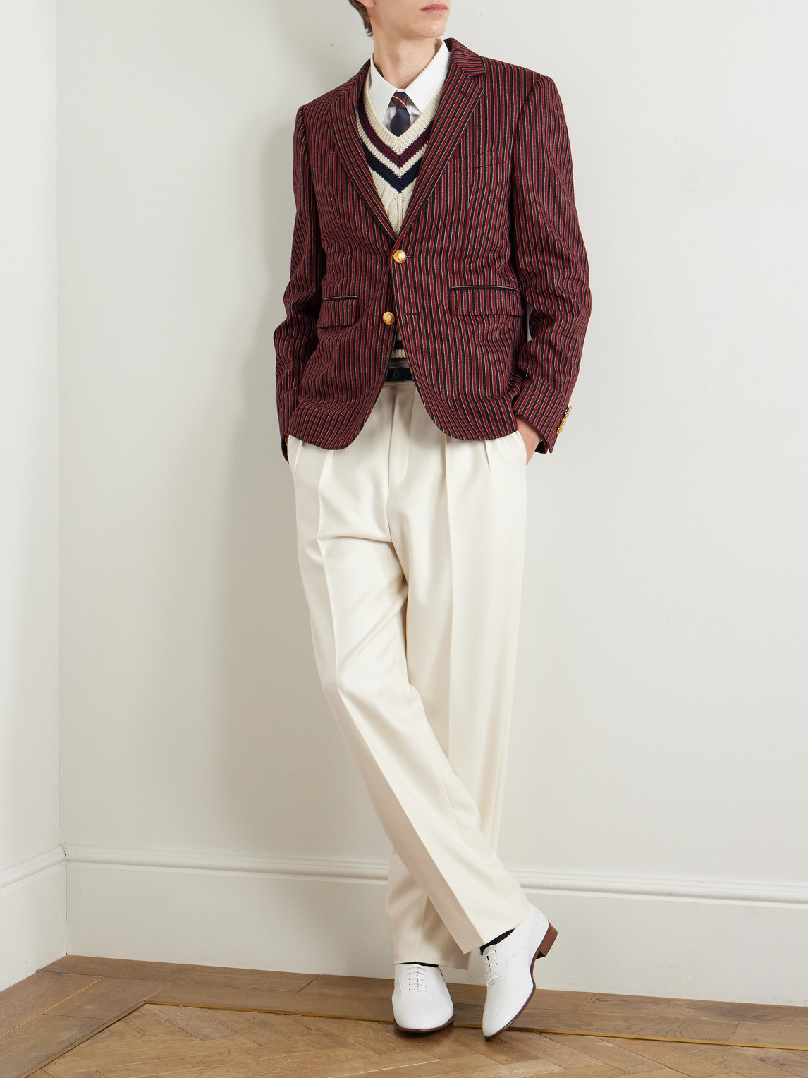 Celine Embroidered Striped Wool And Lycra-blend Blazer In Red