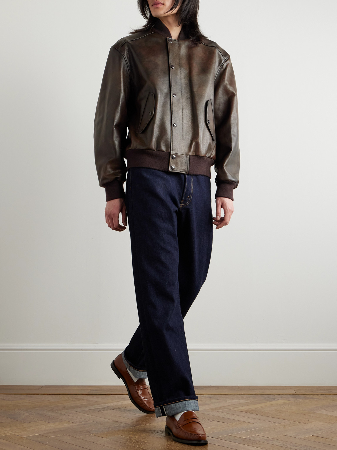 Celine Teddy Full-grain Leather Bomber Jacket In Brown