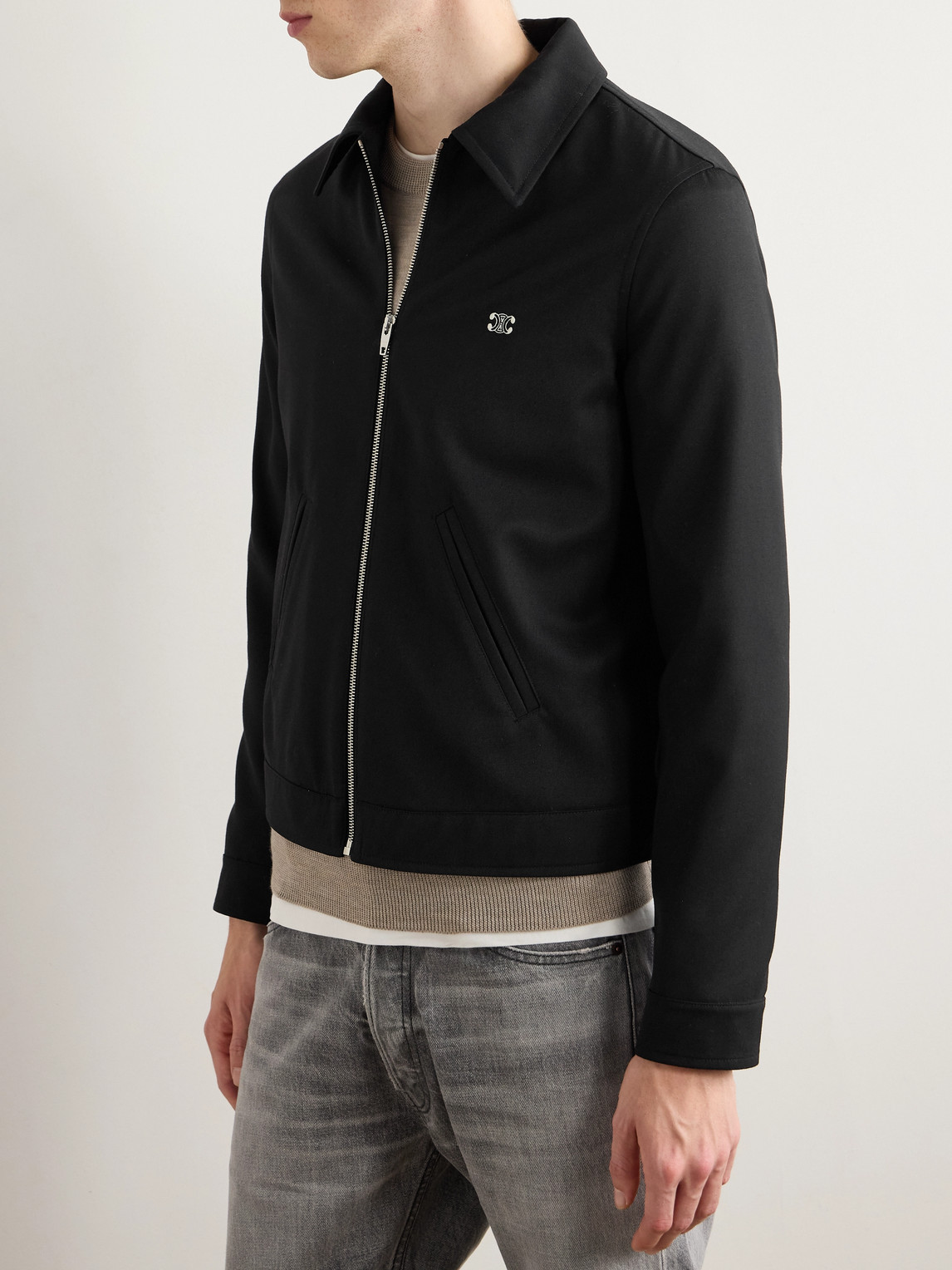 Celine Triomphe Logo-embroidered Wool-blend Twill Jacket In Black