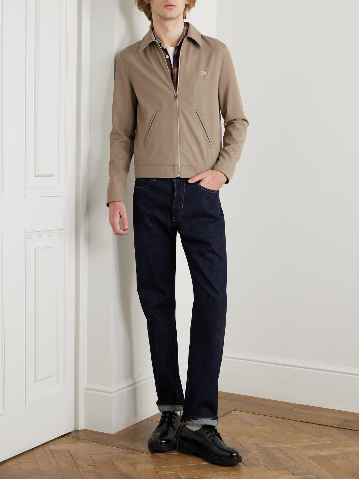 Celine Triomphe Logo-embroidered Wool-blend Twill Jacket In Brown