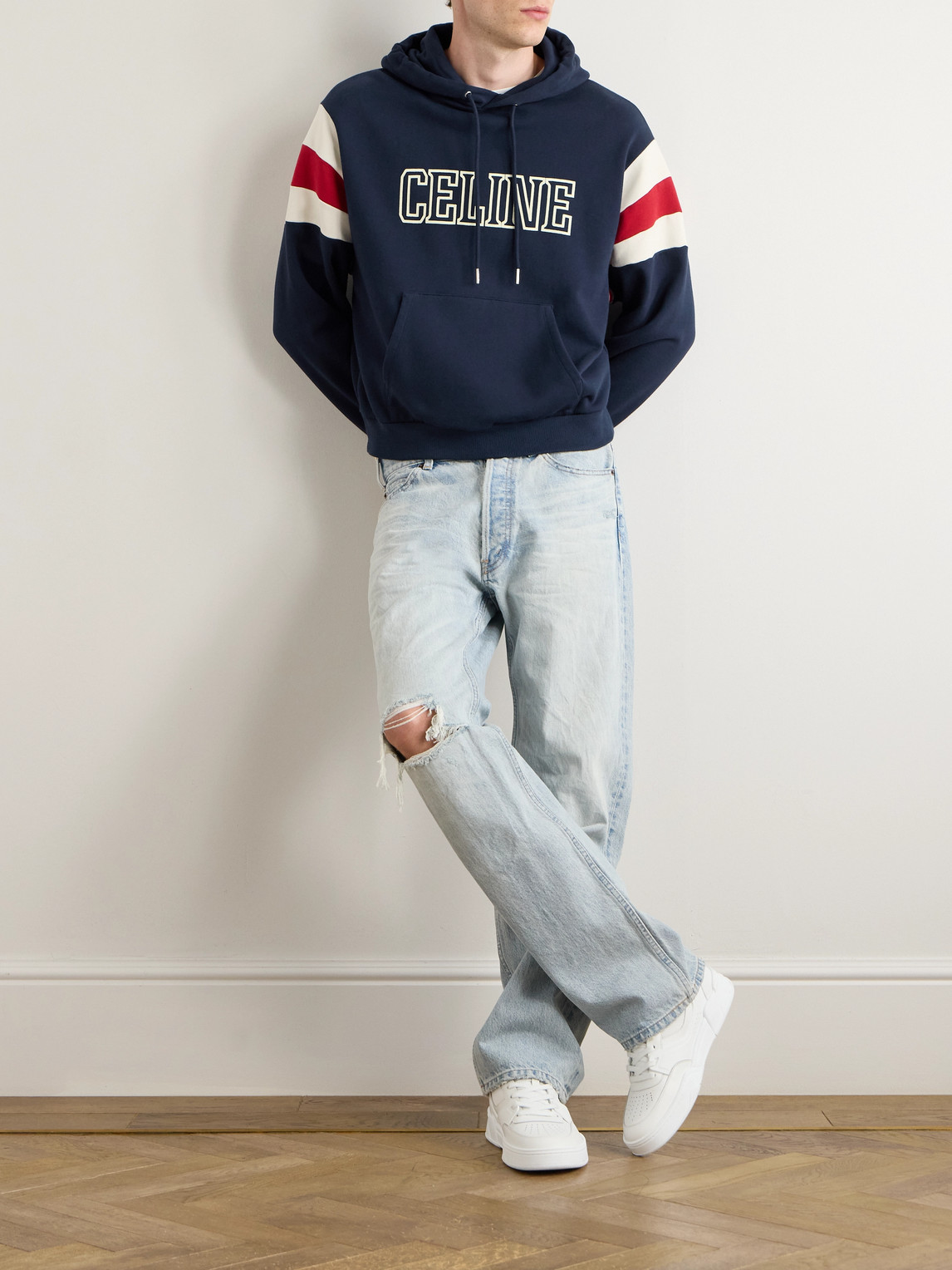 Celine | Blue | Logo-Flocked Striped Cotton-Jersey Hoodie - Men_