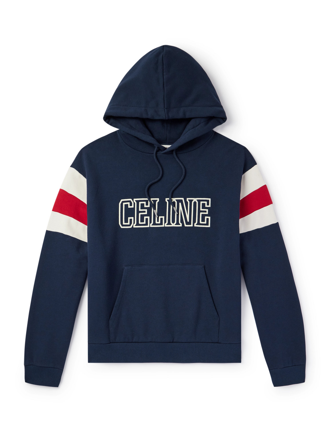 Celine | Blue | Logo-Flocked Striped Cotton-Jersey Hoodie - Men_