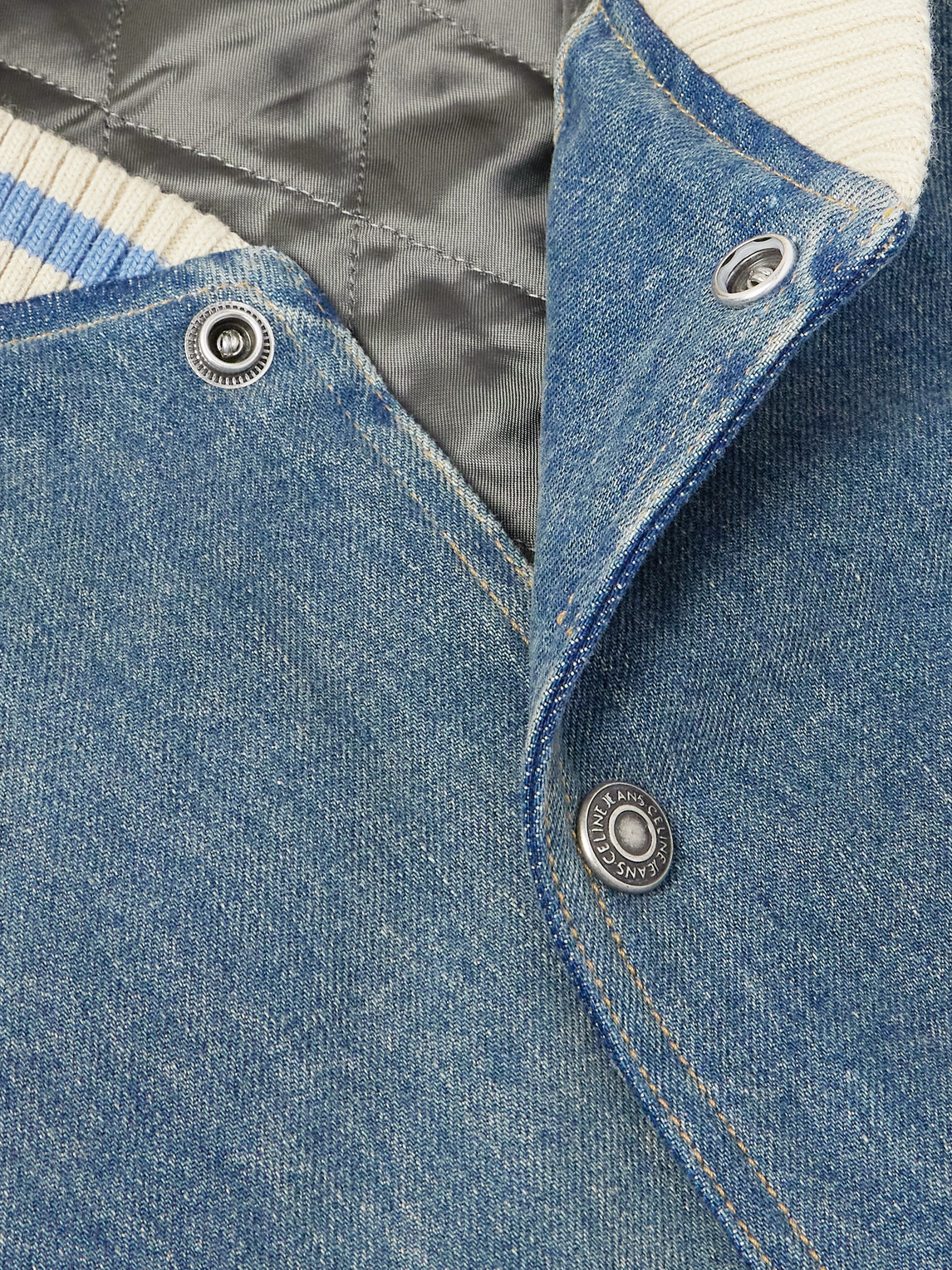 Celine Men Teddy Triomphe Denim Bomber With Leather Sleeves In Blue