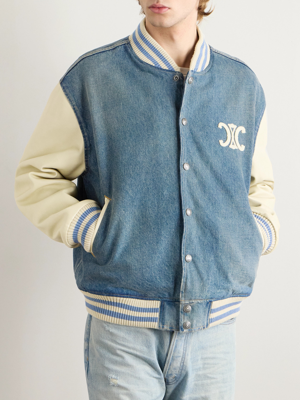 Celine Men Teddy Triomphe Denim Bomber With Leather Sleeves In Blue