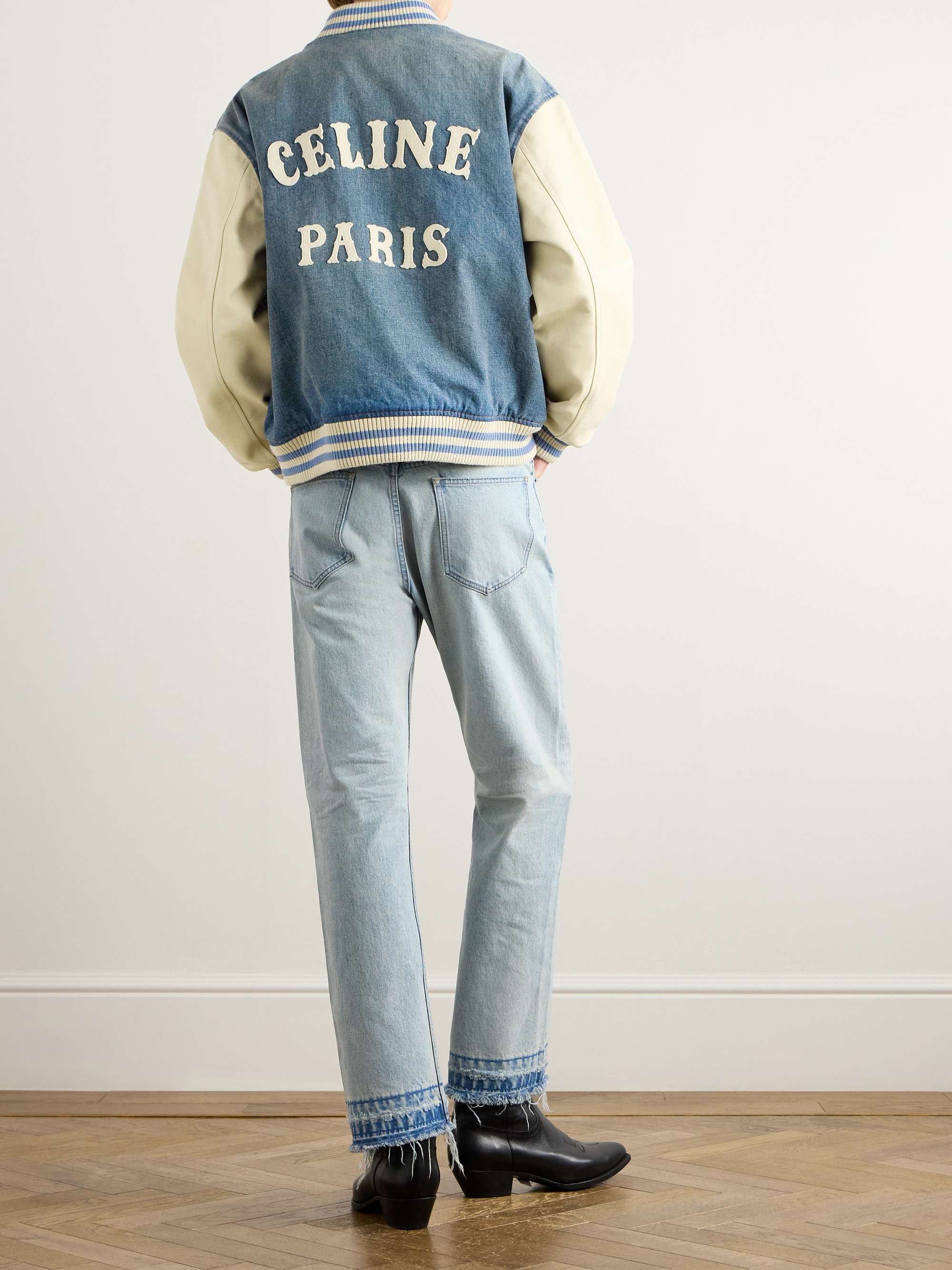 CELINE HOMME Teddy Logo-Appliquéd Leather-Trimmed Denim CELINE HOMME Teddy Logo-Appliquéd Leather-Trimmed Denim