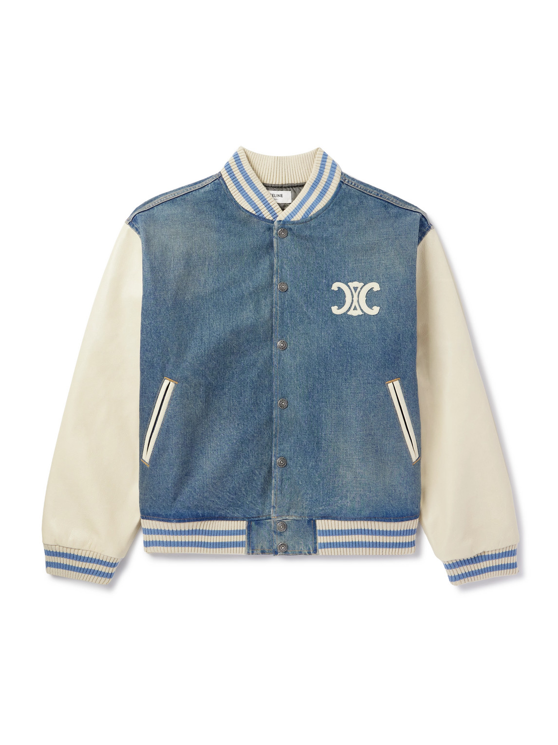 Celine Men Teddy Triomphe Denim Bomber With Leather Sleeves In Blue
