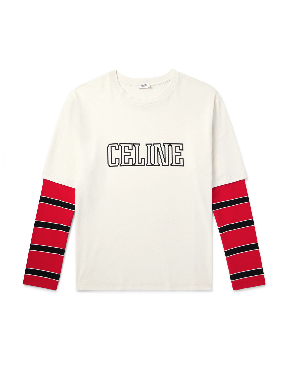 Celine Logo-print Layered Striped Cotton-jersey T-shirt In Neutral