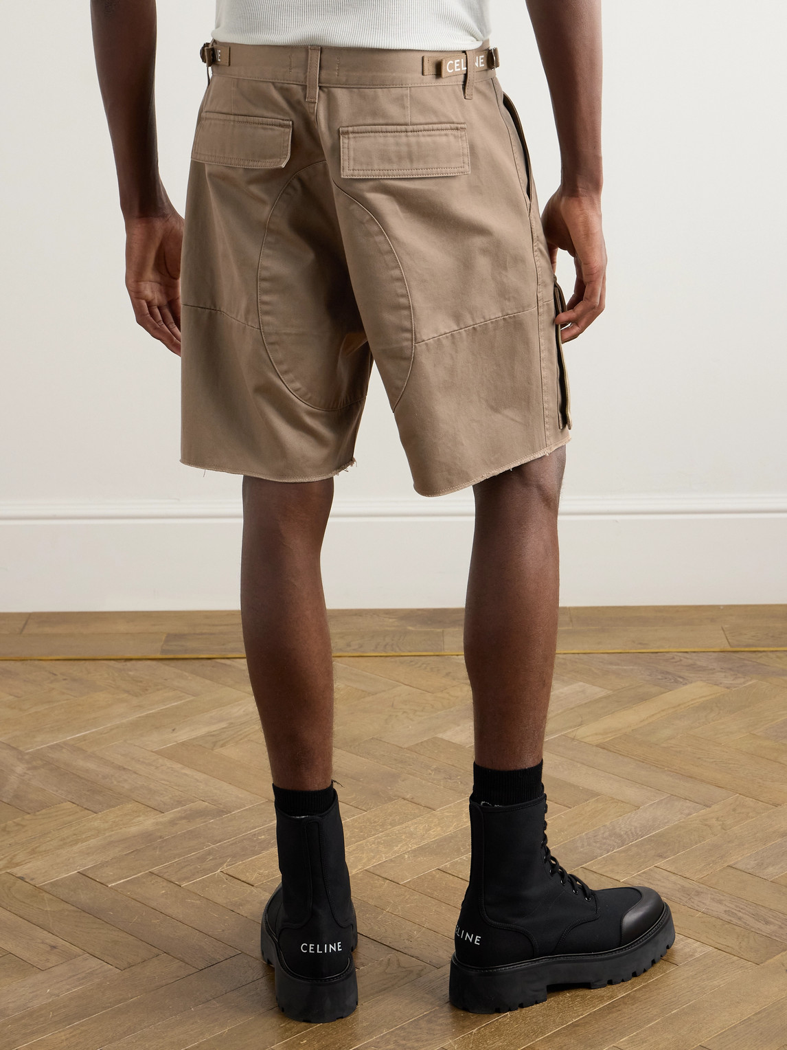 Celine Straight-leg Distressed Cotton-twill Cargo Shorts In Brown