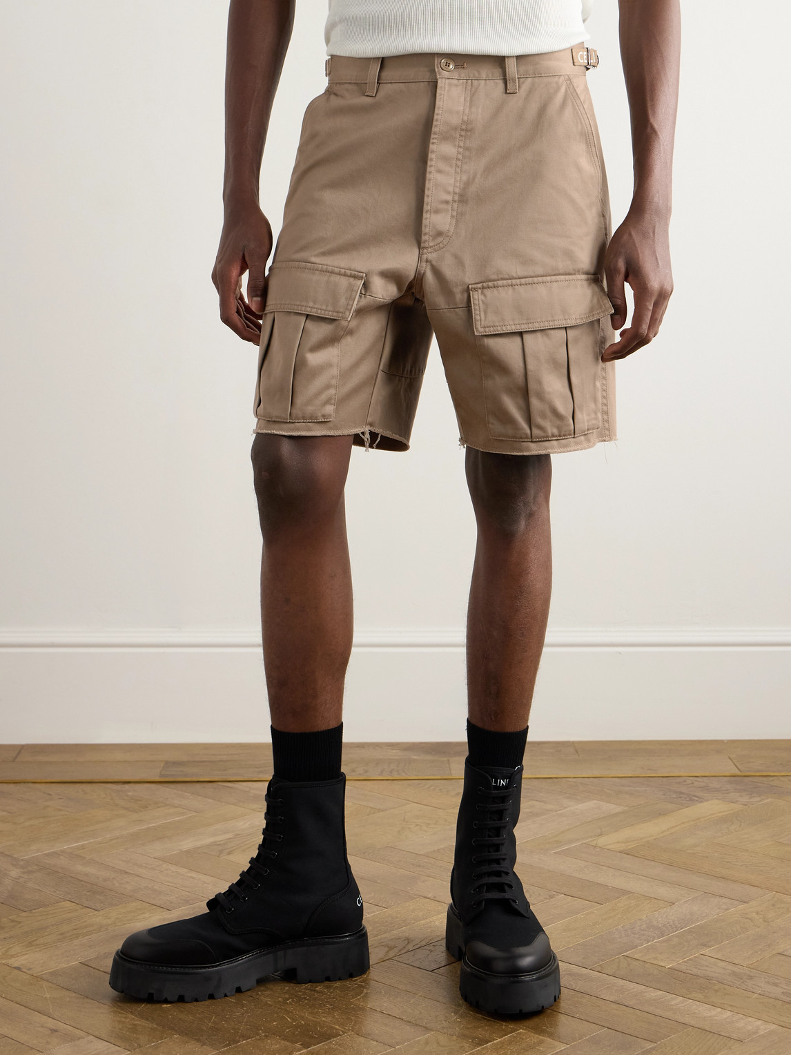 Celine Straight-leg Distressed Cotton-twill Cargo Shorts In Brown