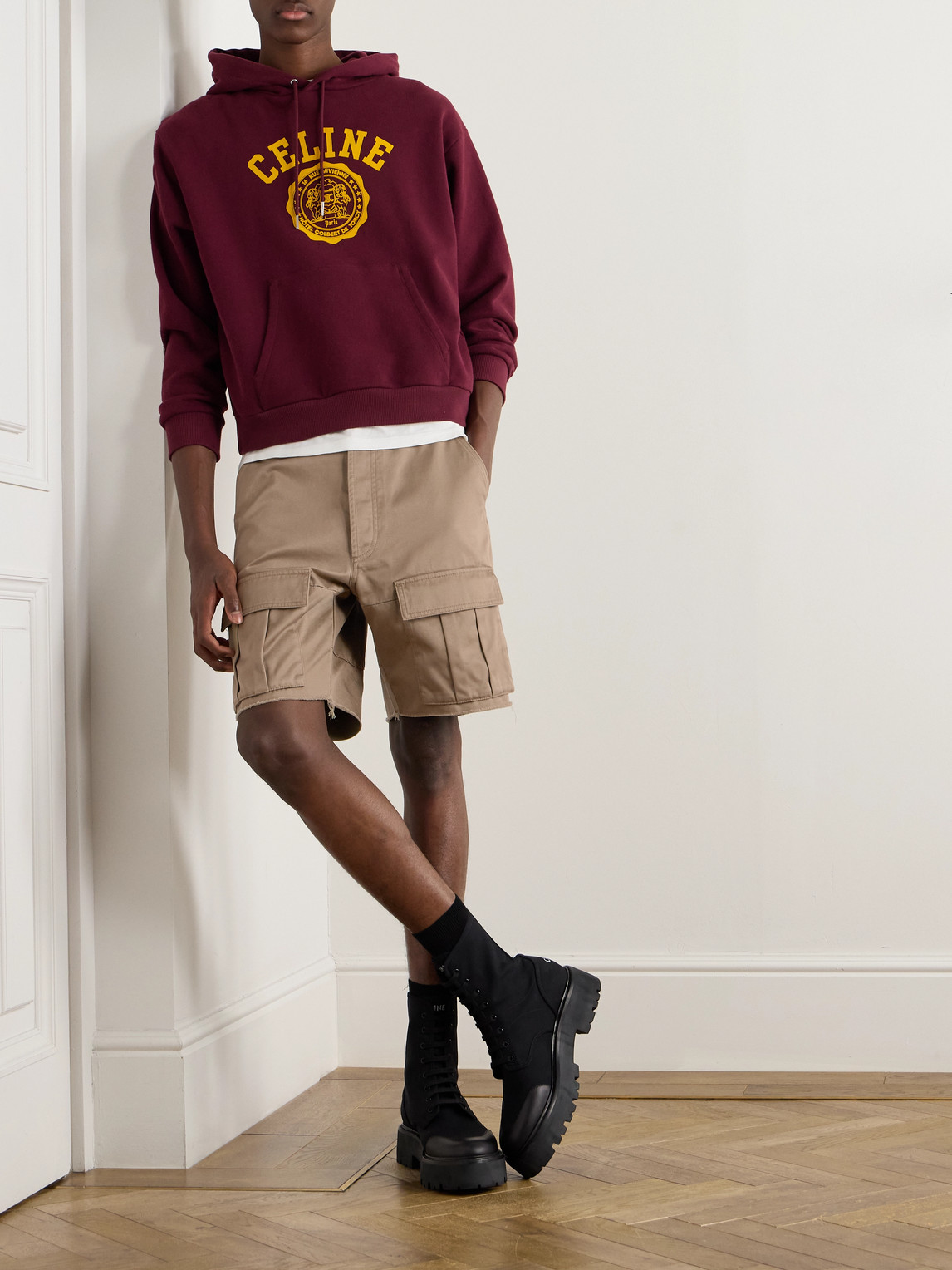 Celine Straight-leg Distressed Cotton-twill Cargo Shorts In Brown