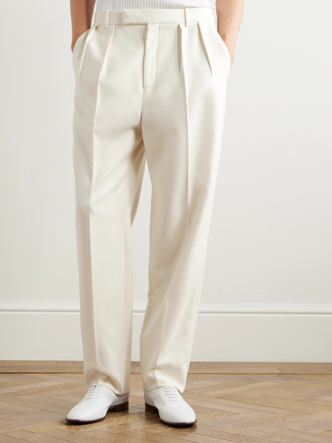 Celine Keith Tapered Pleated Cashmere-flannel Trousers In Neutral