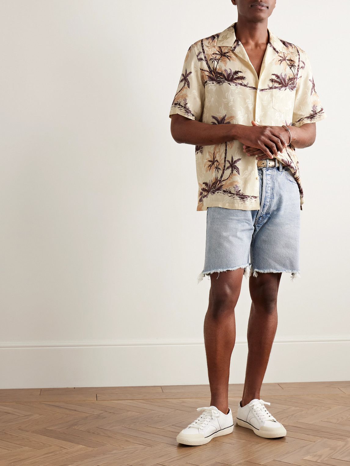Celine Convertible-collar Printed Silk Crepe De Chine Shirt In Neutral