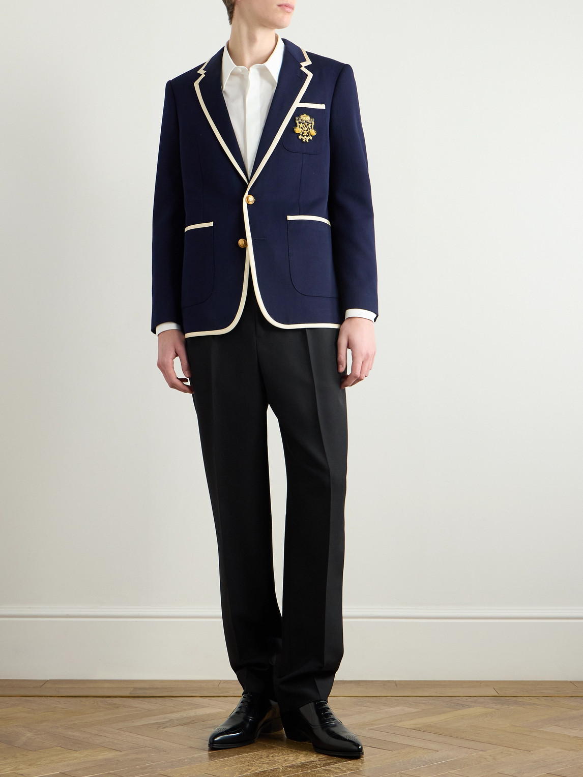 Celine Slim-fit Logo-appliquéd Piped Wool-twill Blazer In Blue