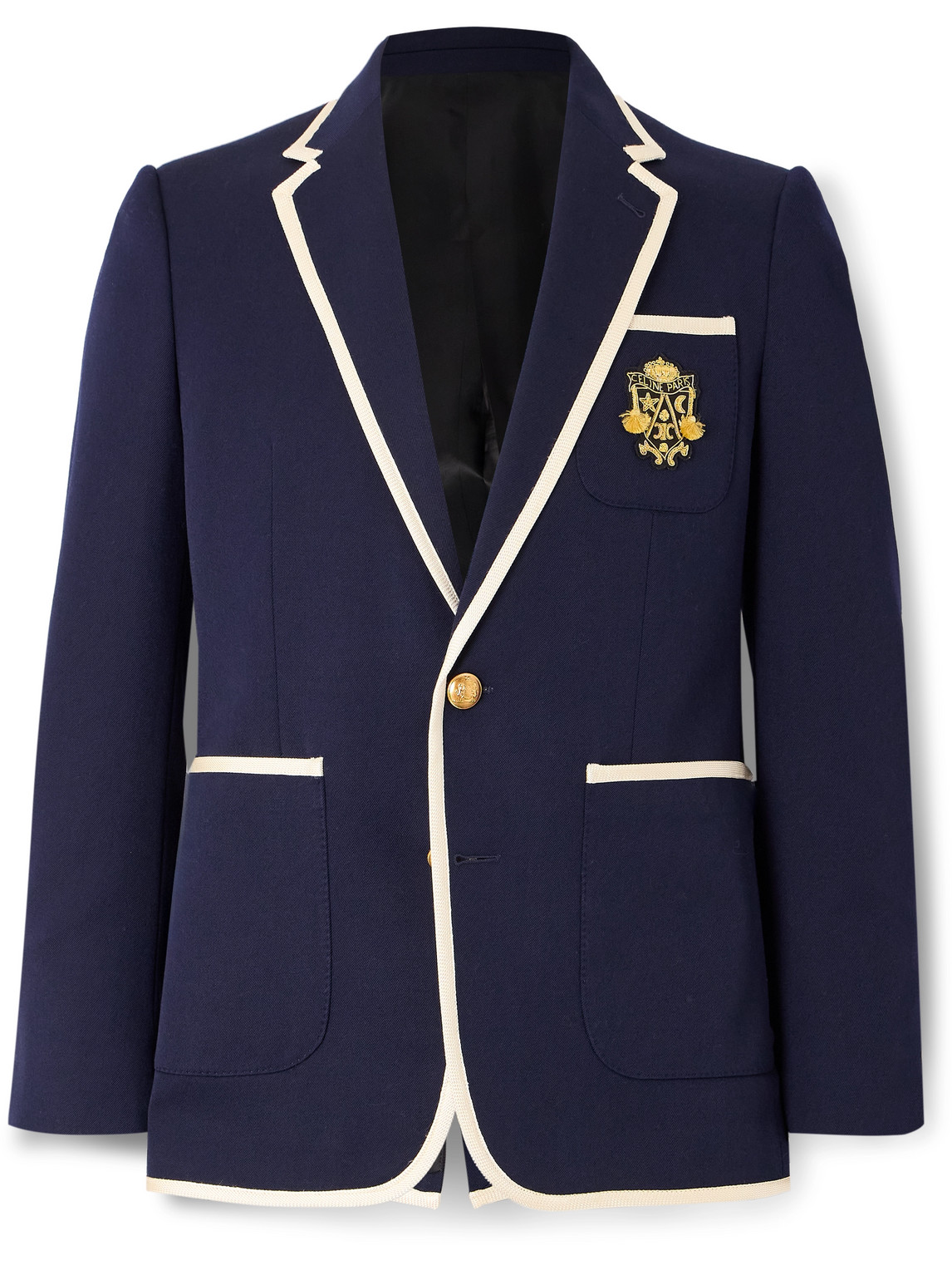 Celine Slim-fit Logo-appliquéd Piped Wool-twill Blazer In Blue