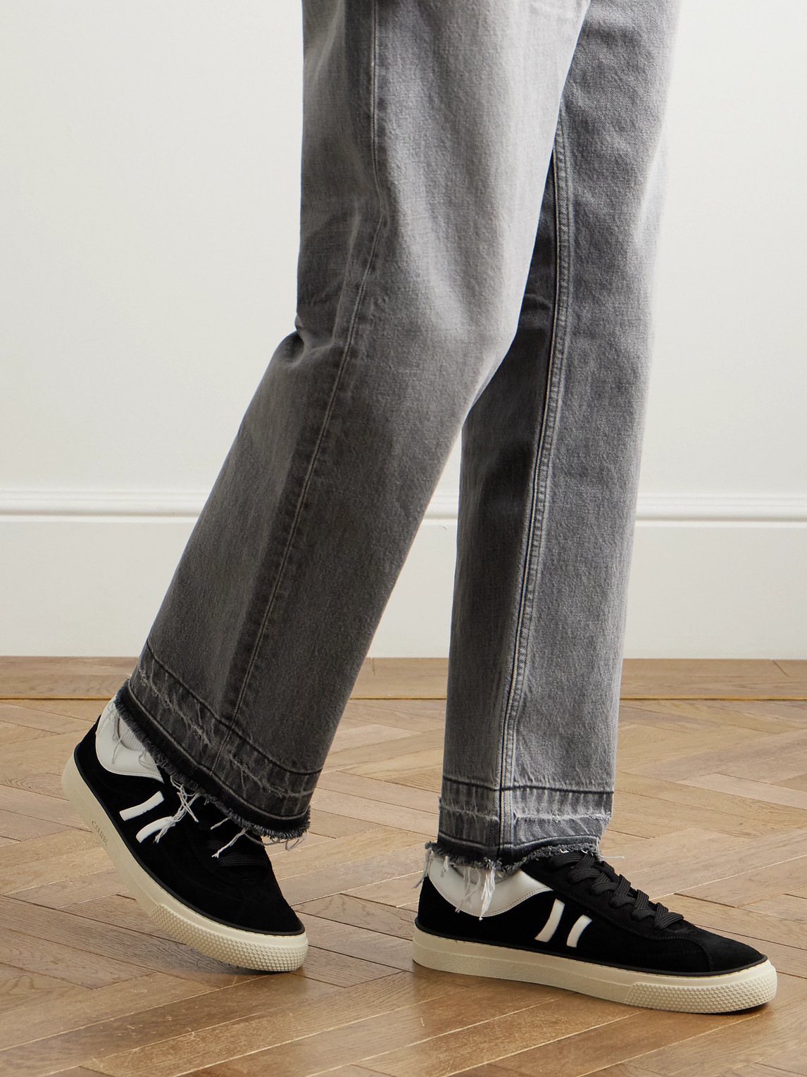 Celine Logo-print Leather-trimmed Suede Sneakers In Black