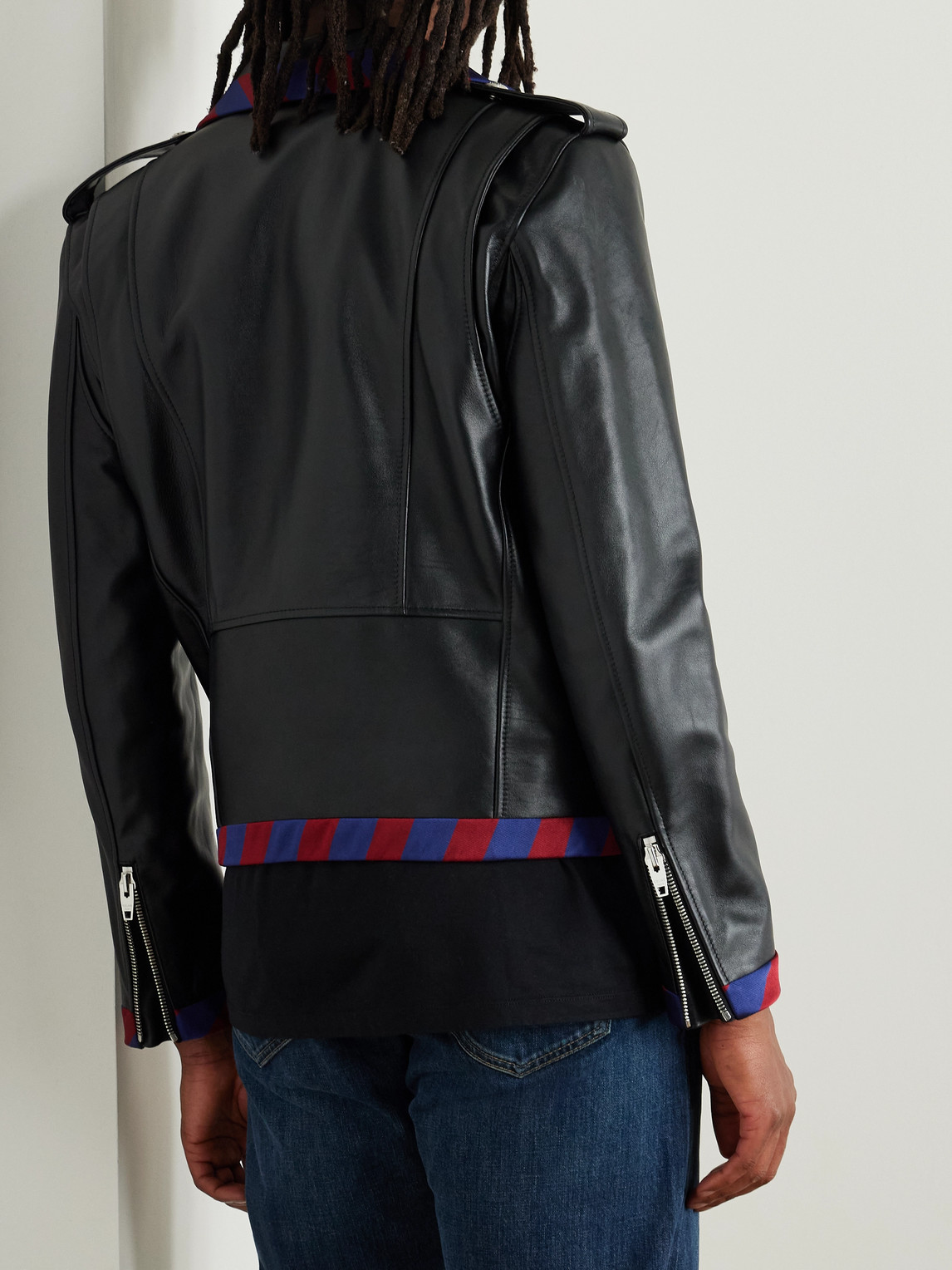 Celine Belted Striped Twill-trimmed Leather Biker Jacket In Black