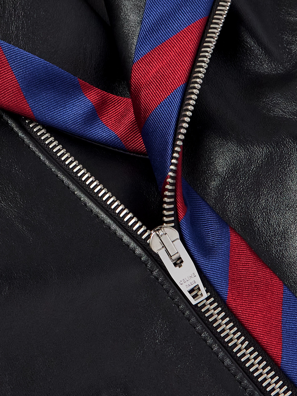 Celine Belted Striped Twill-trimmed Leather Biker Jacket In Black
