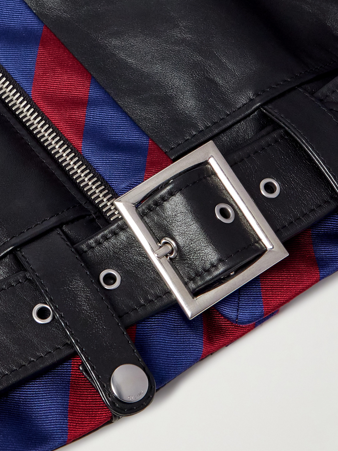 Celine Belted Striped Twill-trimmed Leather Biker Jacket In Black