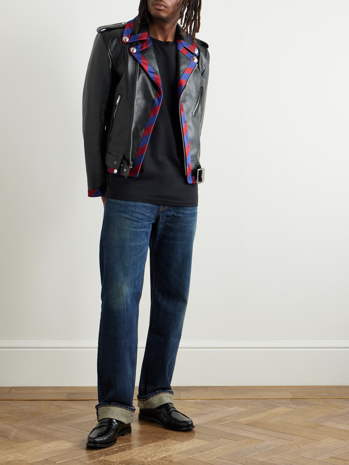 Celine Belted Striped Twill-trimmed Leather Biker Jacket In Black