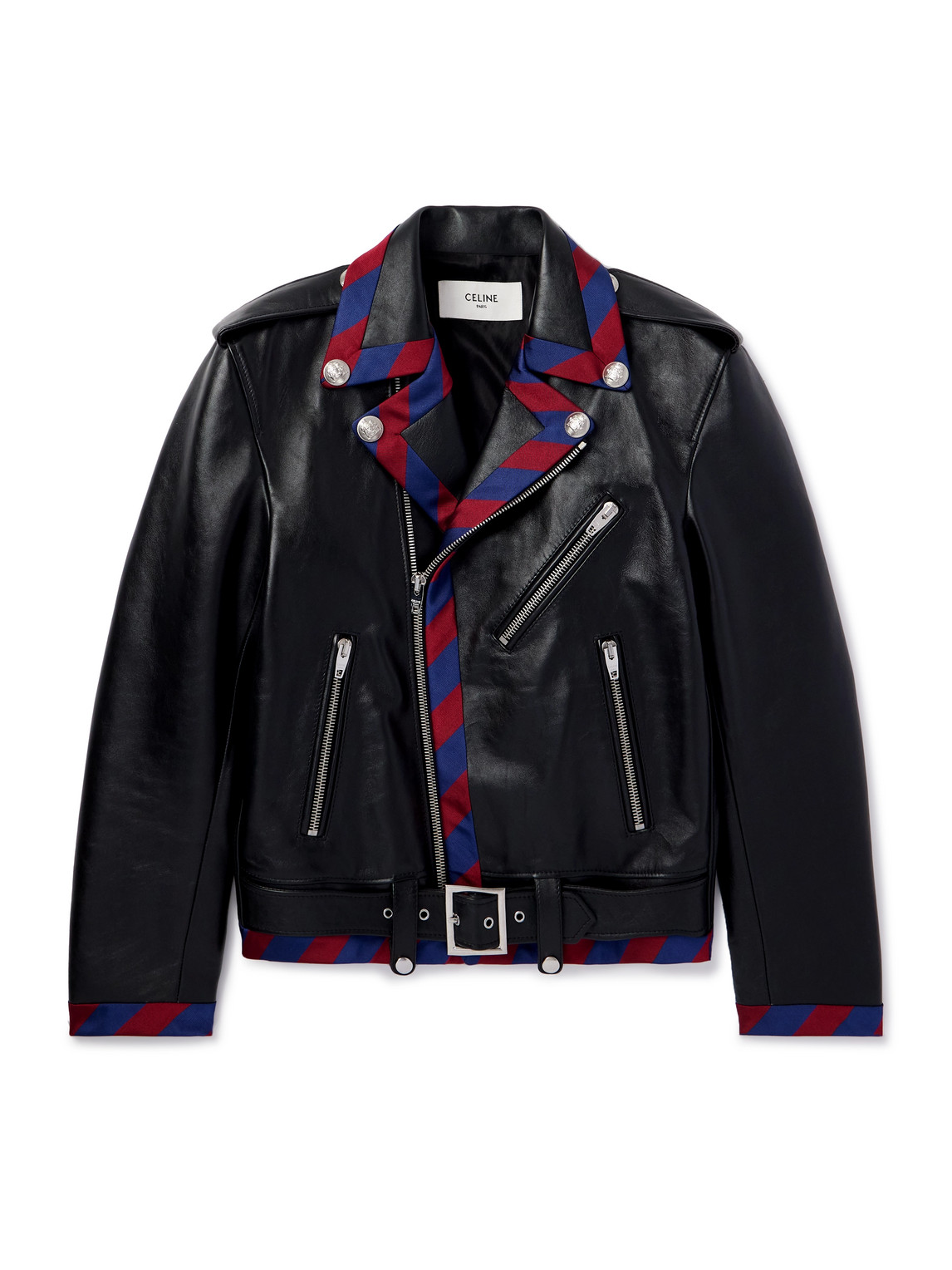 Celine Belted Striped Twill-trimmed Leather Biker Jacket In Black