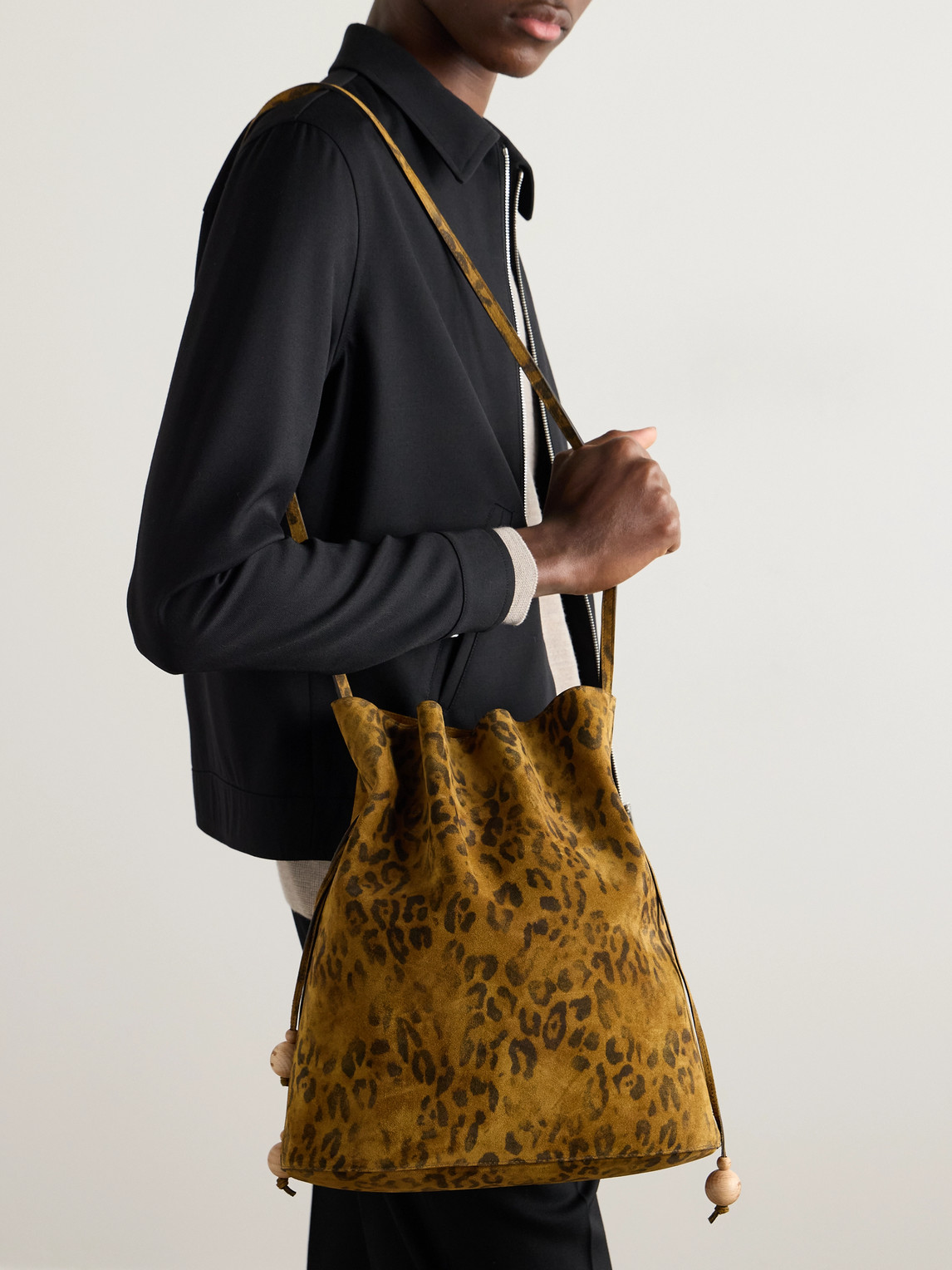 Celine Medium Leopard-print Suede Bucket Bag In Brown